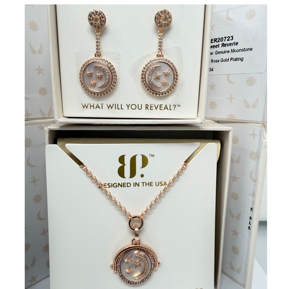 Bomb Party Jewelry - Bomb Party Halo Moonstone Mother of Pearl Rose Gold Necklace Earrings Set